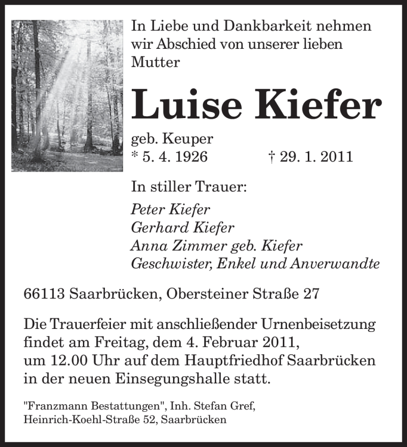  Traueranzeige für Luise Kiefer vom 31.01.2011 aus SAARBRÜCKER ZEITUNG
