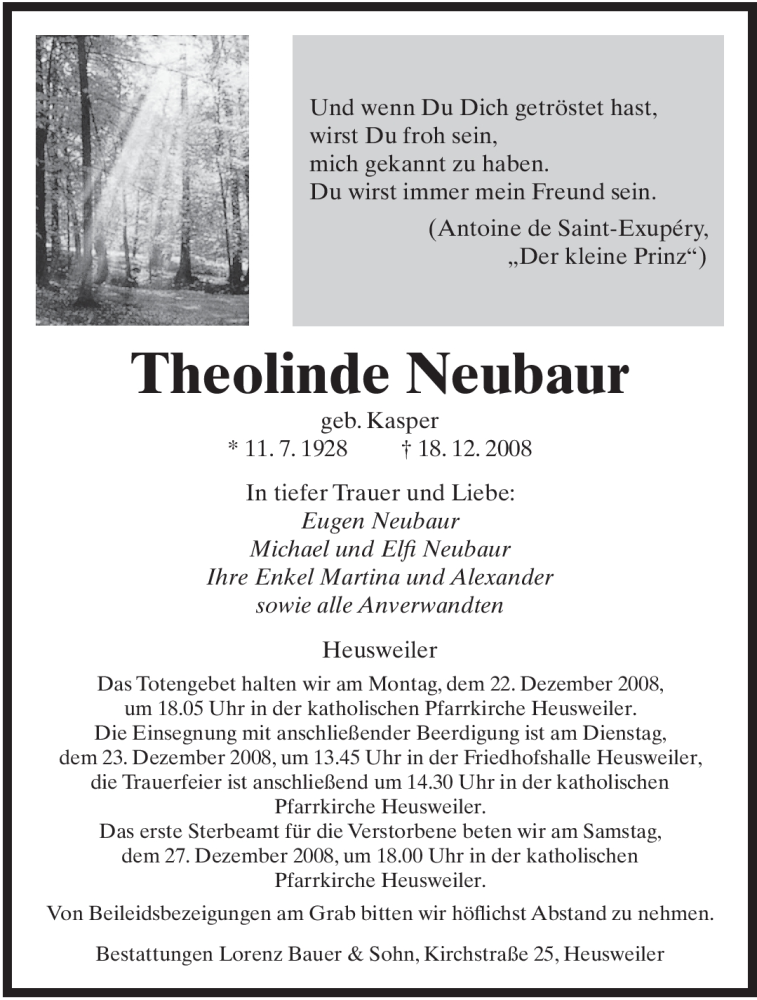  Traueranzeige für Theolinde Neubaur vom 20.12.2008 aus SAARBRÜCKER ZEITUNG
