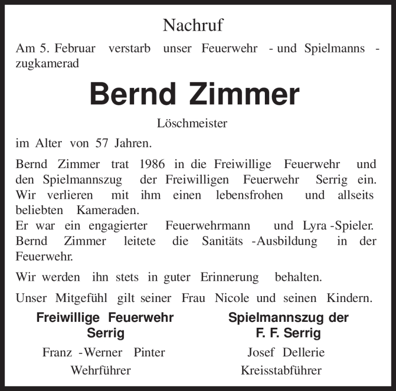  Traueranzeige für Bernd Zimmer vom 09.02.2011 aus SAARBRÜCKER ZEITUNG