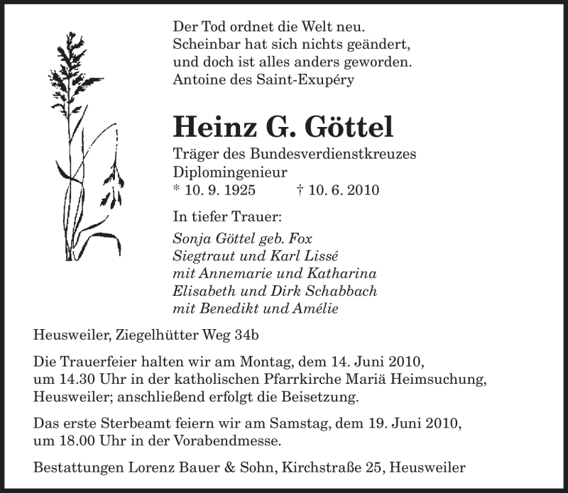  Traueranzeige für Heinz G. Göttel vom 12.06.2010 aus SAARBRÜCKER ZEITUNG