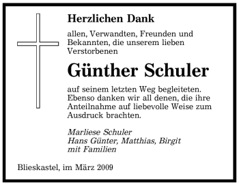 Traueranzeige von Günther Schuler von SAARBRÜCKER ZEITUNG