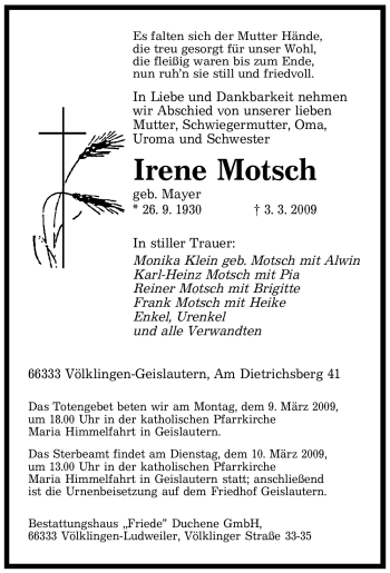 Traueranzeige von Irene Motsch von SAARBRÜCKER ZEITUNG