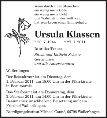 Traueranzeige von Ursula Klassen von SAARBRÜCKER ZEITUNG