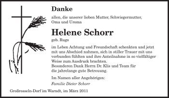 Traueranzeige von Helene Schorr von SAARBRÜCKER ZEITUNG