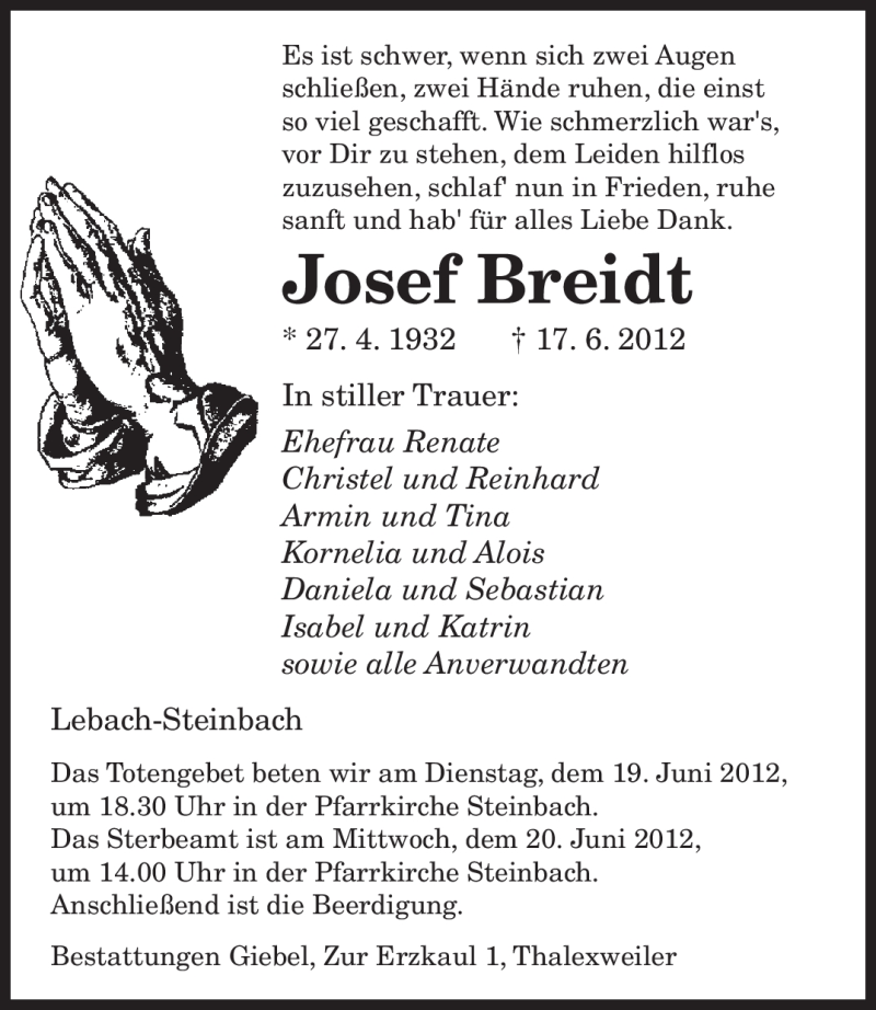  Traueranzeige für Josef Breidt vom 19.06.2012 aus SAARBRÜCKER ZEITUNG
