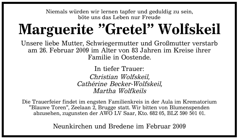  Traueranzeige für Marguerite Wolfskeil vom 02.03.2009 aus SAARBRÜCKER ZEITUNG