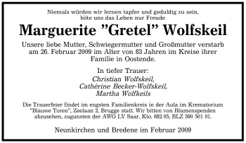 Traueranzeige von Marguerite Wolfskeil von SAARBRÜCKER ZEITUNG