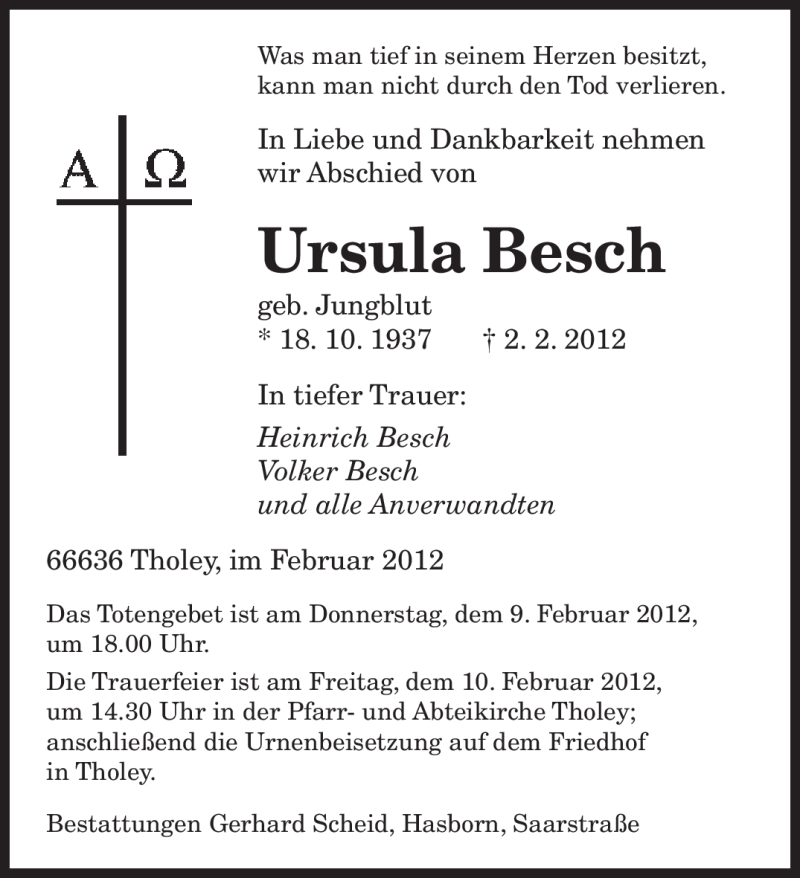  Traueranzeige für Ursula Besch vom 08.02.2012 aus SAARBRÜCKER ZEITUNG