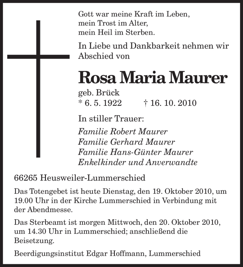  Traueranzeige für Rosa Maria Maurer vom 19.10.2010 aus SAARBRÜCKER ZEITUNG