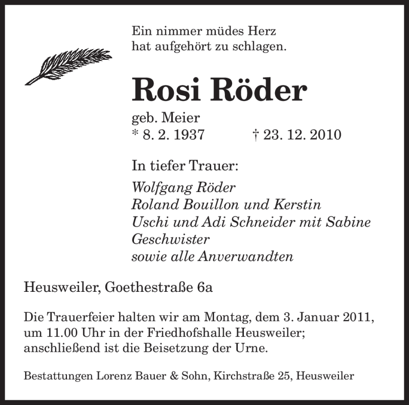  Traueranzeige für Rosi Röder vom 28.12.2010 aus SAARBRÜCKER ZEITUNG