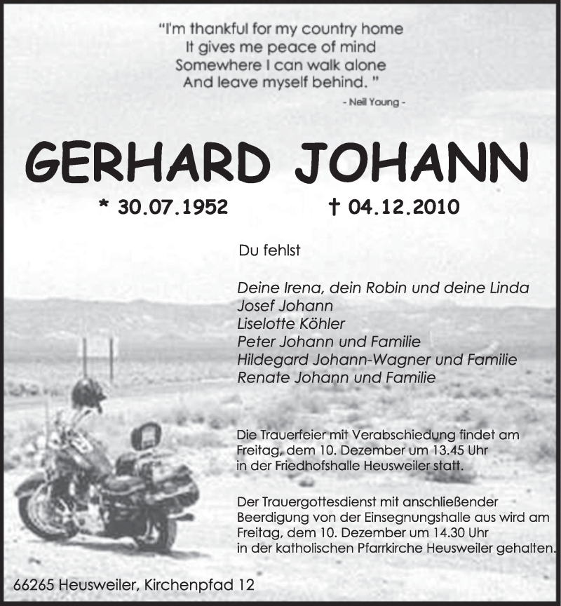  Traueranzeige für Gerhard Johann vom 08.12.2010 aus SAARBRÜCKER ZEITUNG