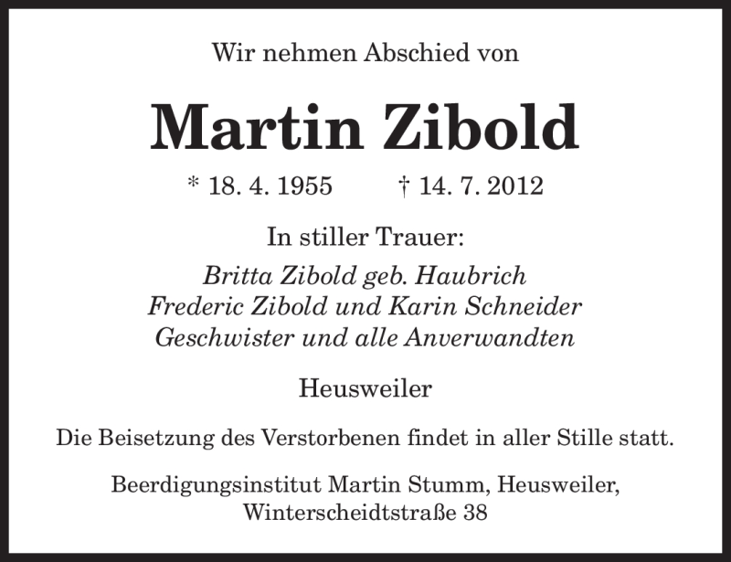  Traueranzeige für Martin Zibold vom 18.07.2012 aus SAARBRÜCKER ZEITUNG