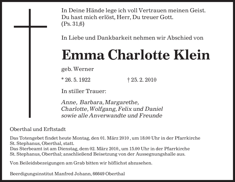  Traueranzeige für Emma Charlotte Klein vom 01.03.2010 aus SAARBRÜCKER ZEITUNG