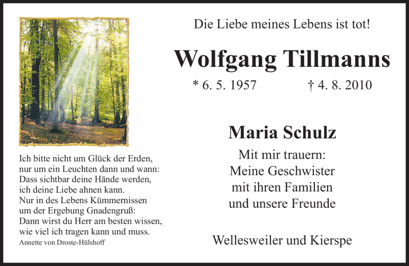  Traueranzeige für Wolfgang Tillmanns vom 09.08.2010 aus SAARBRÜCKER ZEITUNG