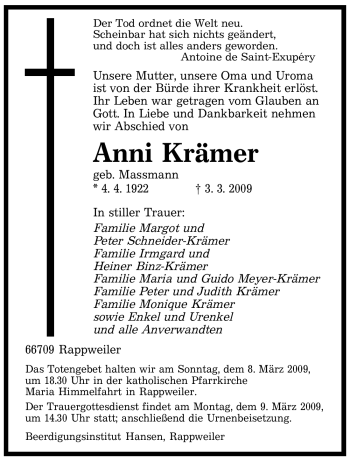 Traueranzeige von Anni Krämer von SAARBRÜCKER ZEITUNG