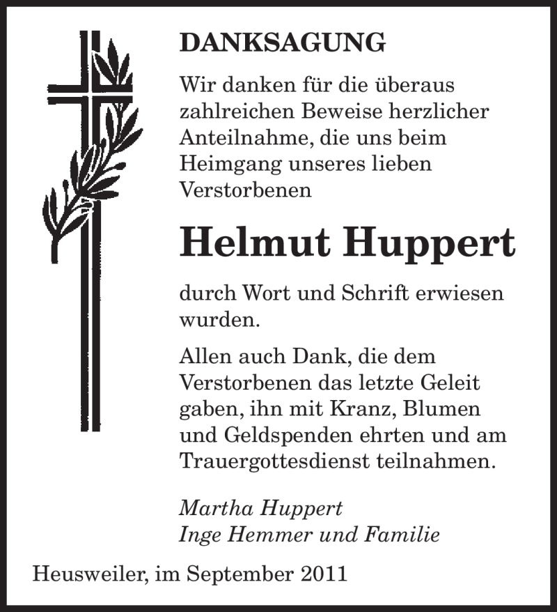  Traueranzeige für Helmut Huppert vom 23.09.2011 aus SAARBRÜCKER ZEITUNG