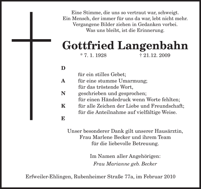  Traueranzeige für Gottfried Langenbahn vom 13.02.2010 aus SAARBRÜCKER ZEITUNG