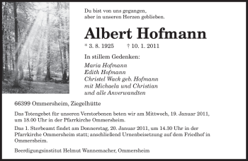 Traueranzeige von Albert Hofmann von SAARBRÜCKER ZEITUNG