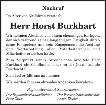 Traueranzeige von Horst Burkhart von SAARBRÜCKER ZEITUNG