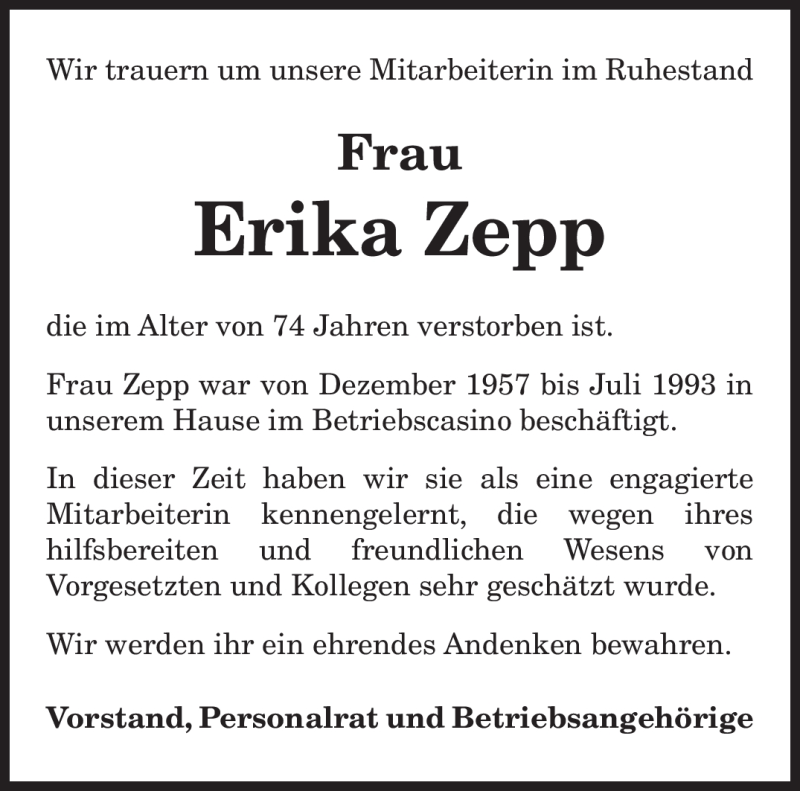  Traueranzeige für Erika Zepp vom 05.05.2010 aus SAARBRÜCKER ZEITUNG