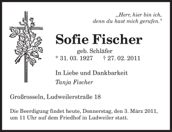 Traueranzeige von Sofie Fischer von SAARBRÜCKER ZEITUNG