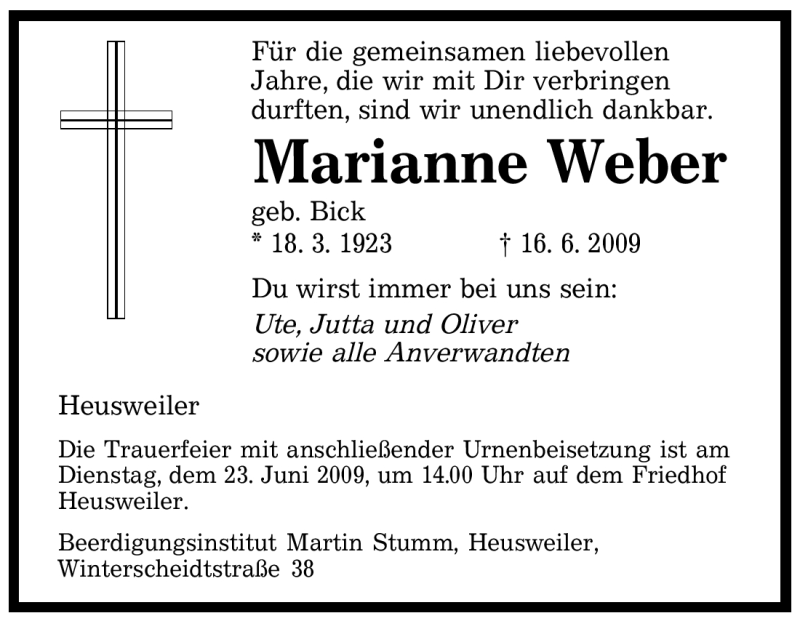  Traueranzeige für Marianne Weber vom 20.06.2009 aus SAARBRÜCKER ZEITUNG