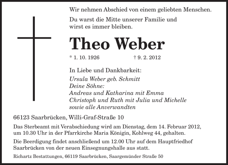  Traueranzeige für Theo Weber vom 13.02.2012 aus SAARBRÜCKER ZEITUNG