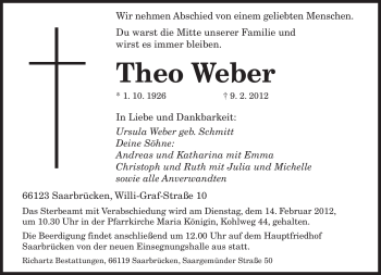 Traueranzeige von Theo Weber von SAARBRÜCKER ZEITUNG
