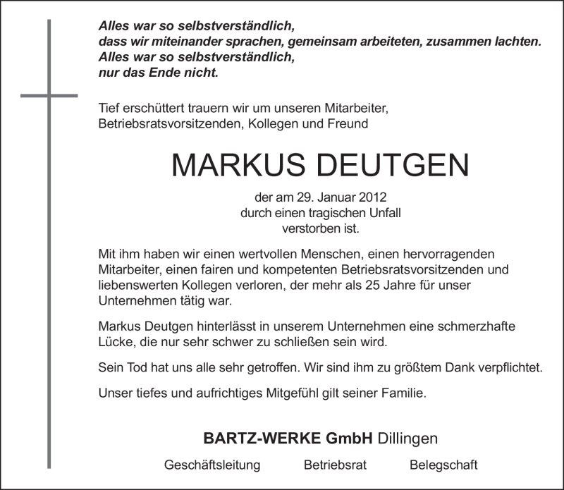  Traueranzeige für Markus Deutgen vom 02.02.2012 aus SAARBRÜCKER ZEITUNG