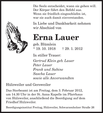 Traueranzeige von Erna Lauer von SAARBRÜCKER ZEITUNG