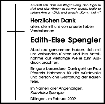 Traueranzeige von Edith-Else Spengler von SAARBRÜCKER ZEITUNG