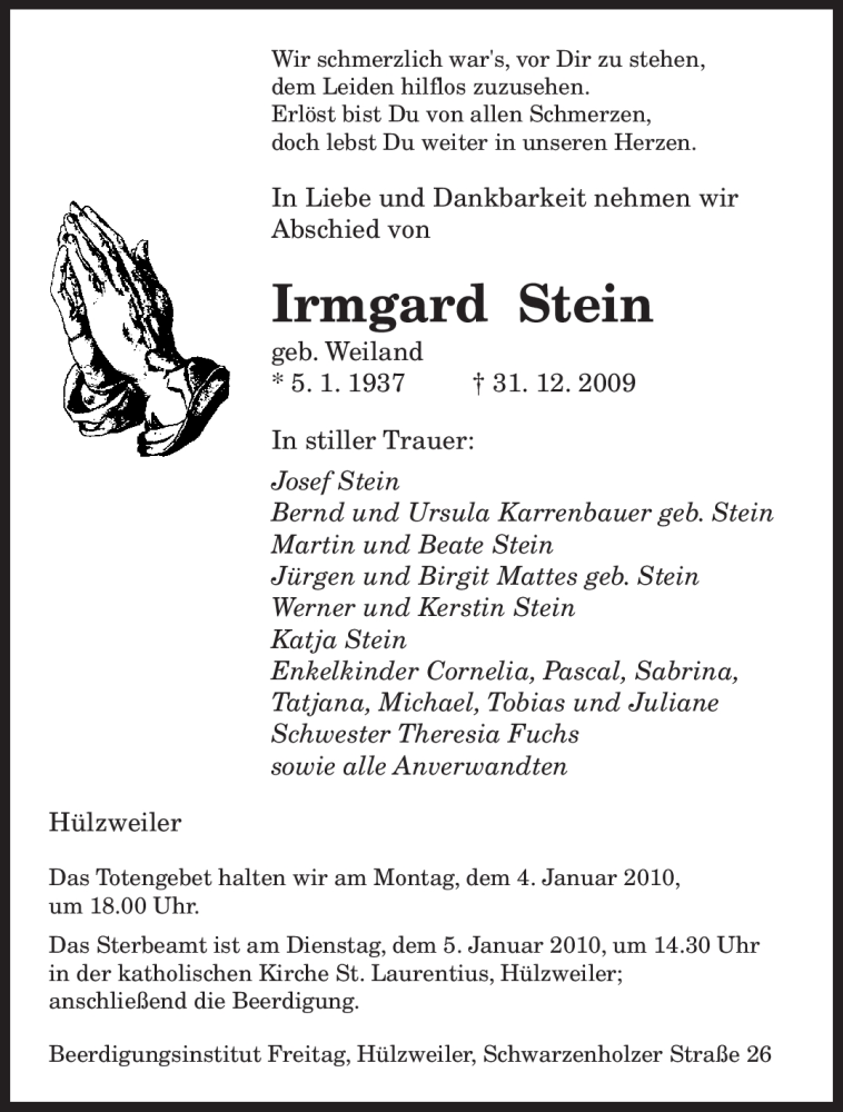  Traueranzeige für Irmgard Stein vom 02.01.2010 aus SAARBRÜCKER ZEITUNG