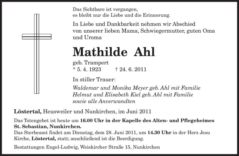  Traueranzeige für Mathilde Ahl vom 27.06.2011 aus SAARBRÜCKER ZEITUNG