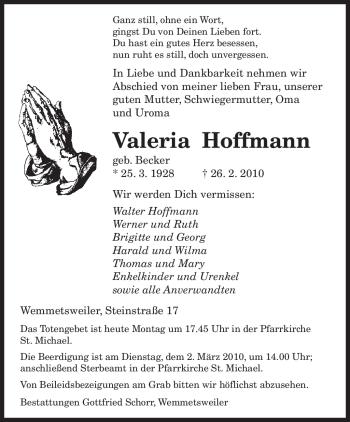 Traueranzeige von Valeria Hoffmann von SAARBRÜCKER ZEITUNG