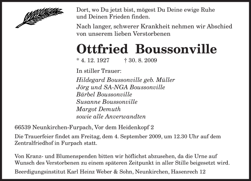  Traueranzeige für Ottfried Boussonville vom 02.09.2009 aus SAARBRÜCKER ZEITUNG