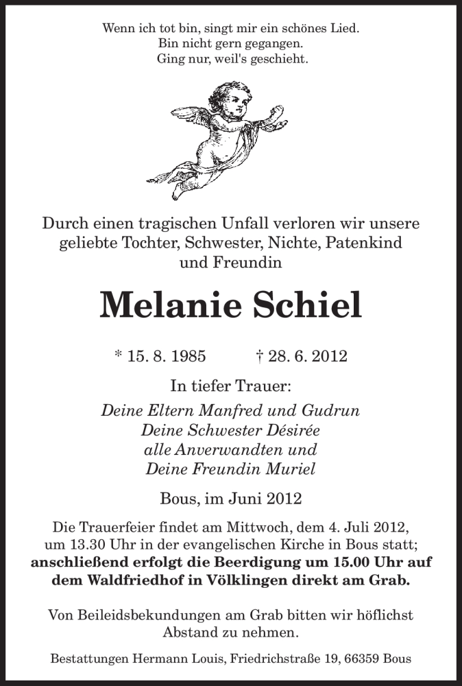 Traueranzeige für Melanie Schiel vom 02.07.2012 aus SAARBRÜCKER ZEITUNG