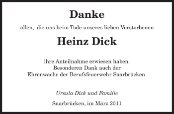 Traueranzeige von Heinz Dick von SAARBRÜCKER ZEITUNG