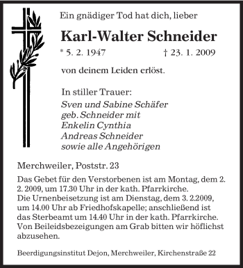 Traueranzeige von Karl-Walter Schneider von SAARBRÜCKER ZEITUNG