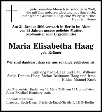 Traueranzeige von Maria Elisabetha Haag von SAARBRÜCKER ZEITUNG