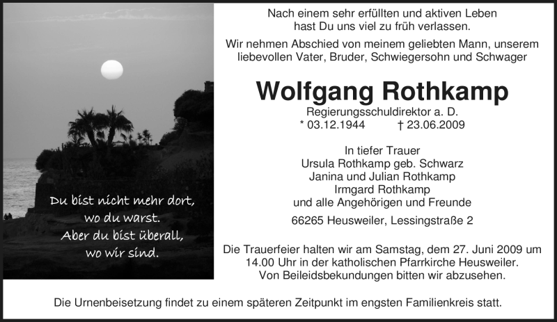  Traueranzeige für Wolfgang Rothkamp vom 25.06.2009 aus SAARBRÜCKER ZEITUNG