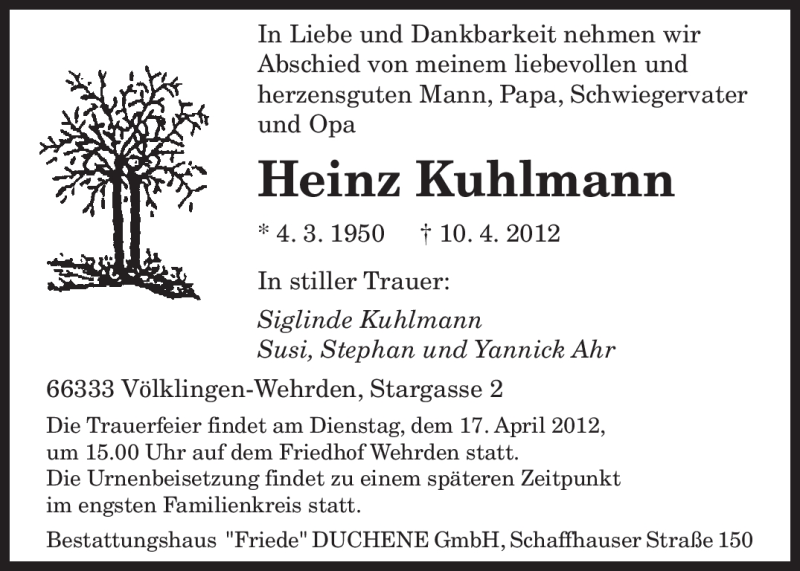  Traueranzeige für Heinz Kuhlmann vom 14.04.2012 aus SAARBRÜCKER ZEITUNG