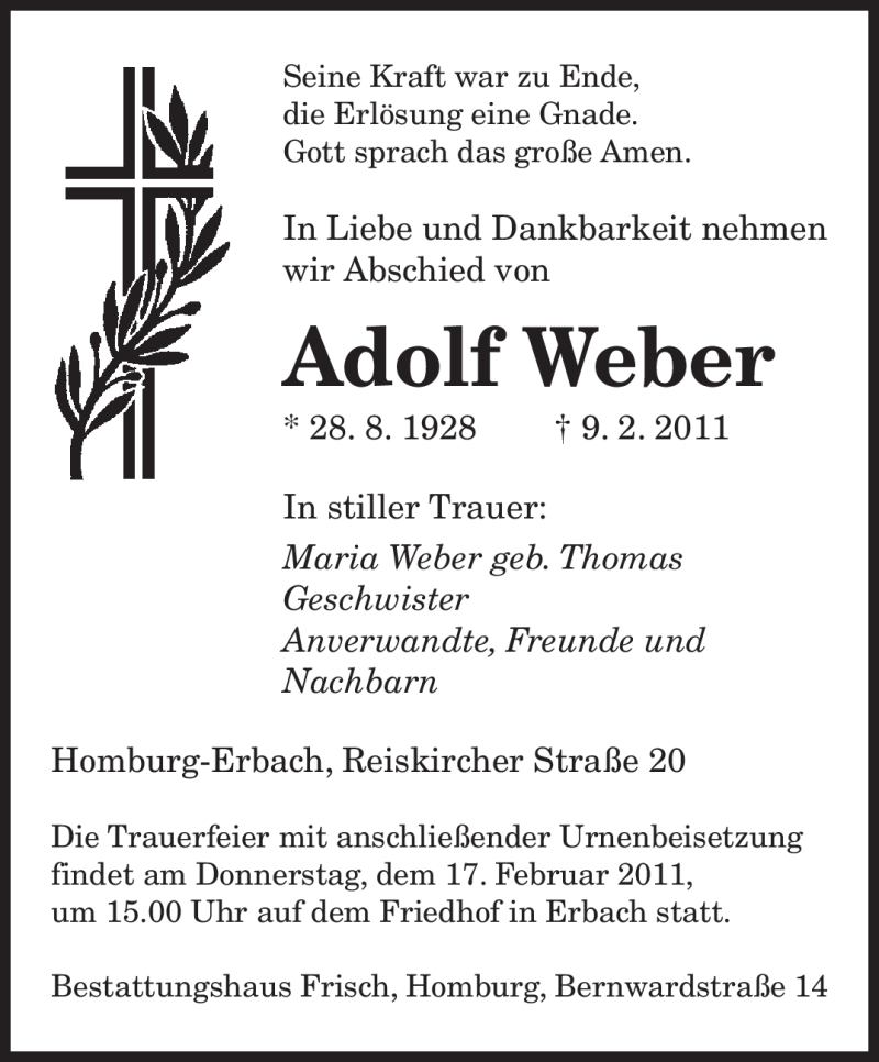  Traueranzeige für Adolf Weber vom 14.02.2011 aus SAARBRÜCKER ZEITUNG