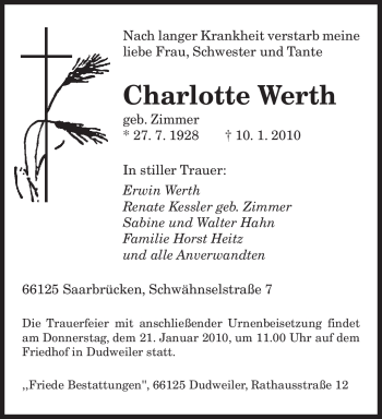 Traueranzeige von Charlotte Werth von SAARBRÜCKER ZEITUNG