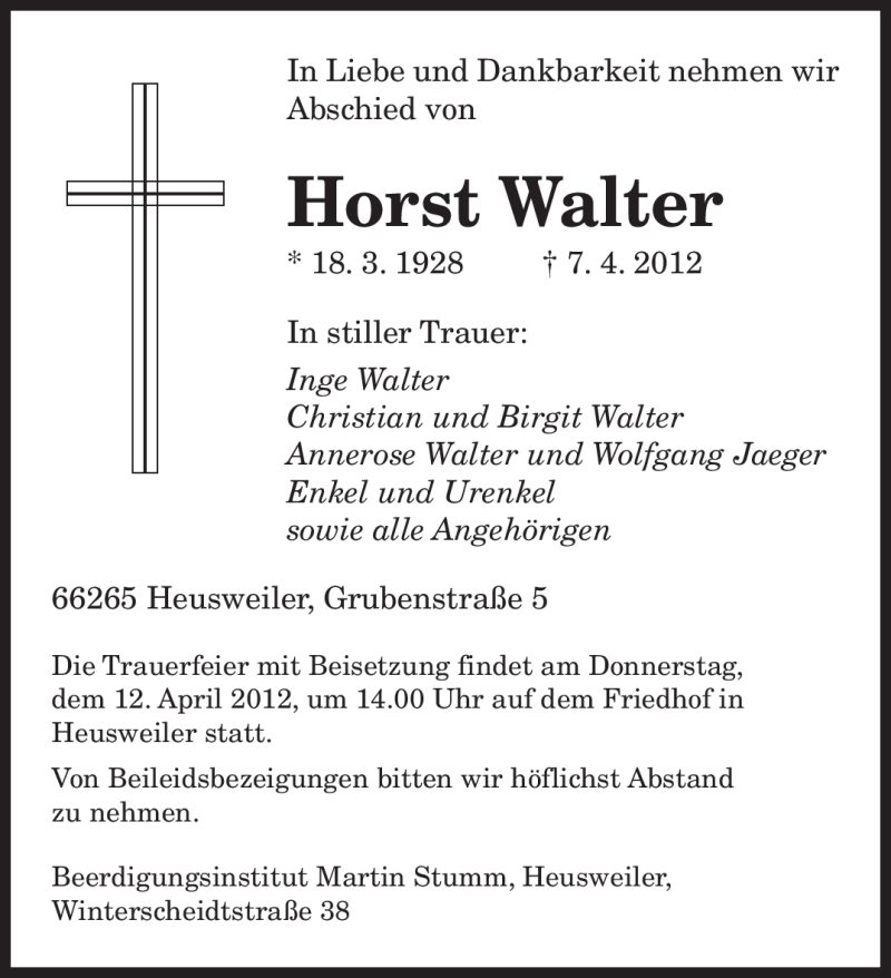 Traueranzeige für Horst Walter vom 11.04.2012 aus SAARBRÜCKER ZEITUNG