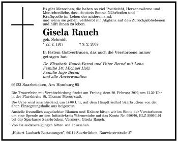 Traueranzeige von Gisela Rauch von SAARBRÜCKER ZEITUNG