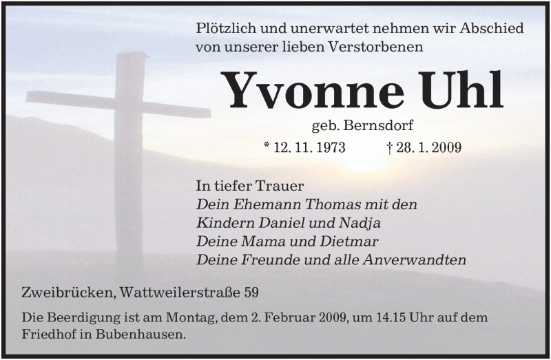  Traueranzeige für Yvonne Uhl vom 30.01.2009 aus SAARBRÜCKER ZEITUNG