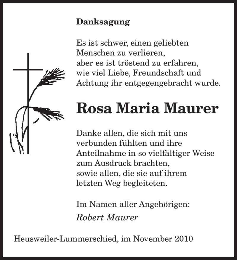  Traueranzeige für Rosa Maria Maurer vom 20.11.2010 aus SAARBRÜCKER ZEITUNG