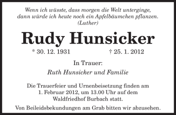 Traueranzeige von Rudy Hunsicker von SAARBRÜCKER ZEITUNG