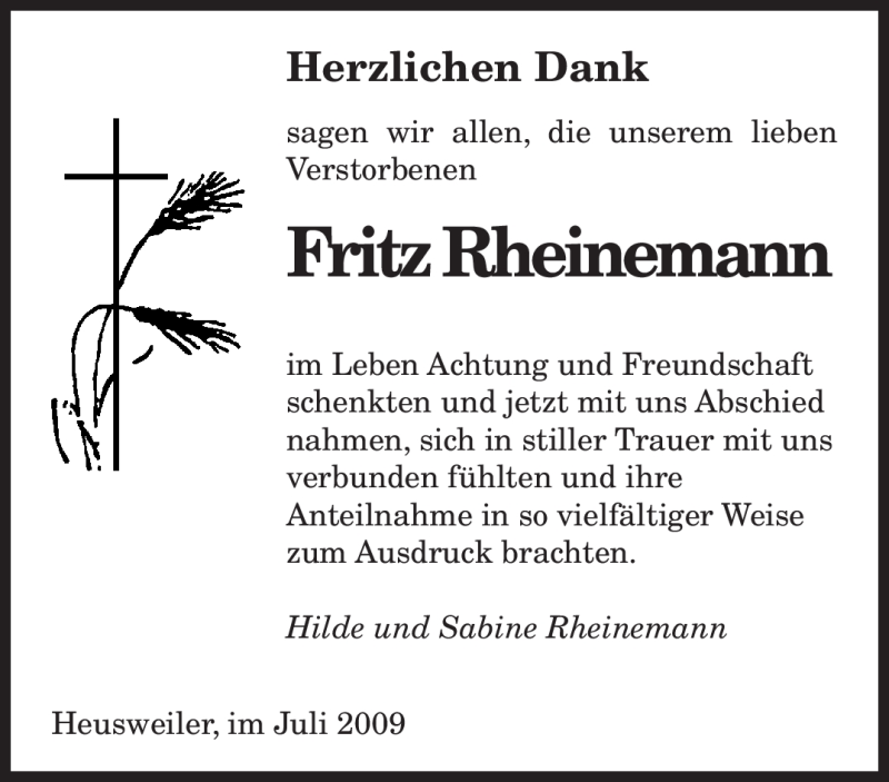  Traueranzeige für Fritz Rheinemann vom 13.07.2009 aus SAARBRÜCKER ZEITUNG