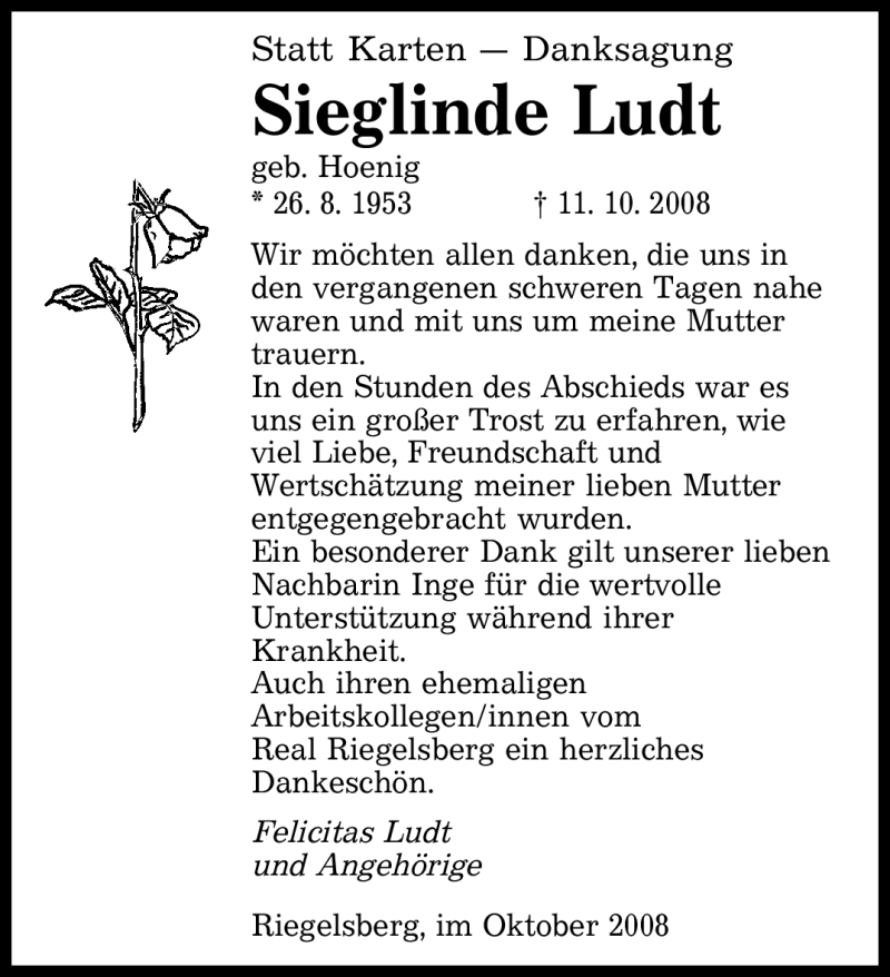  Traueranzeige für Sieglinde Ludt vom 25.10.2008 aus SAARBRÜCKER ZEITUNG